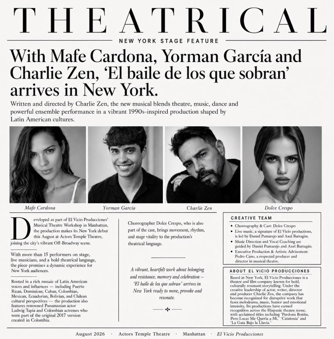 El Baile de los que Sobran — show announcement artwork featuring Mafe Cardona, Yorman García, Charlie Zen, and Dulce Crespo